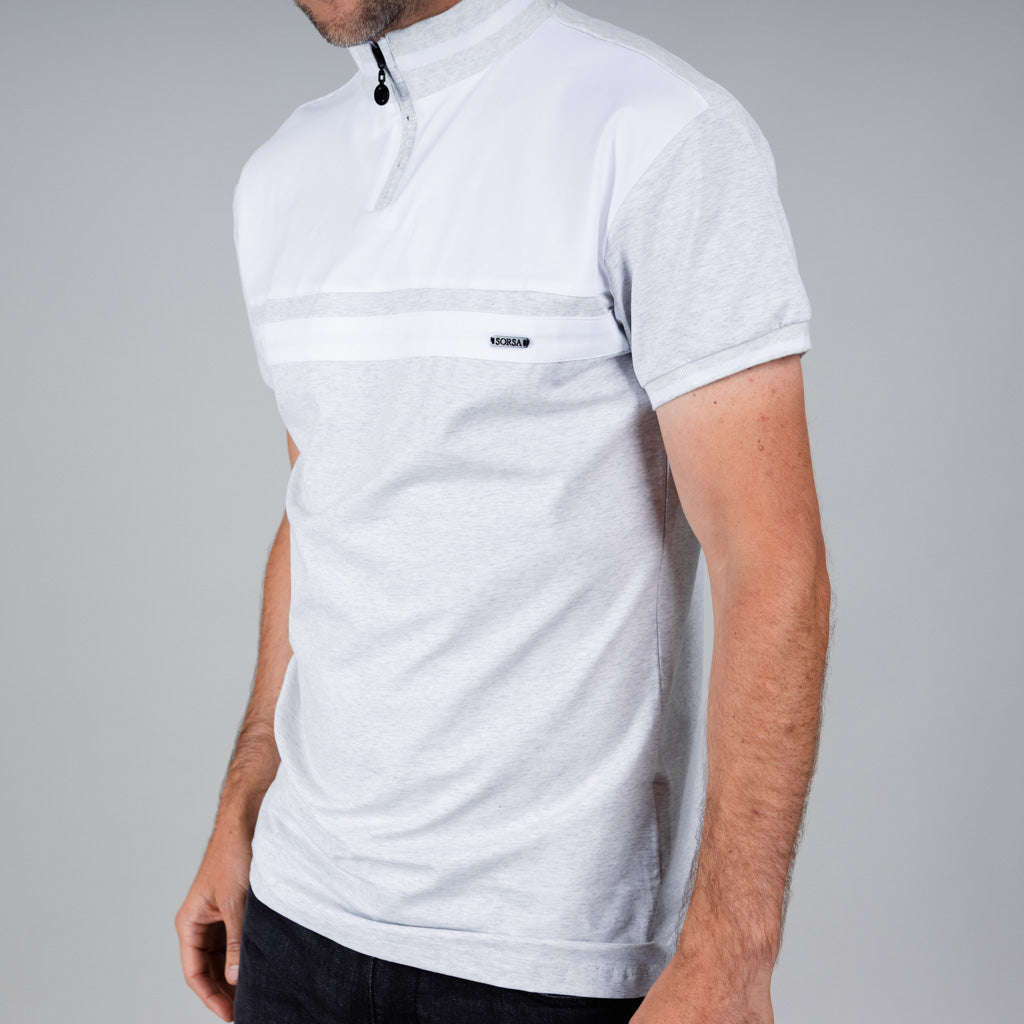 Noir Single Jersey Zip Polo Shirt - Silver Marl & Optic White